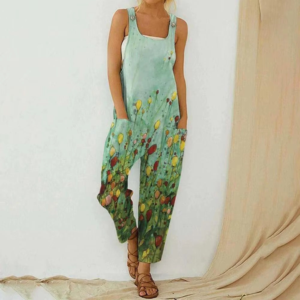 Casual Women Strap Loose Jumpsuit Flower Printed Summer Wide Leg Pants Overalls Sleeveless Oversized Cotton Linen Jumpsuits