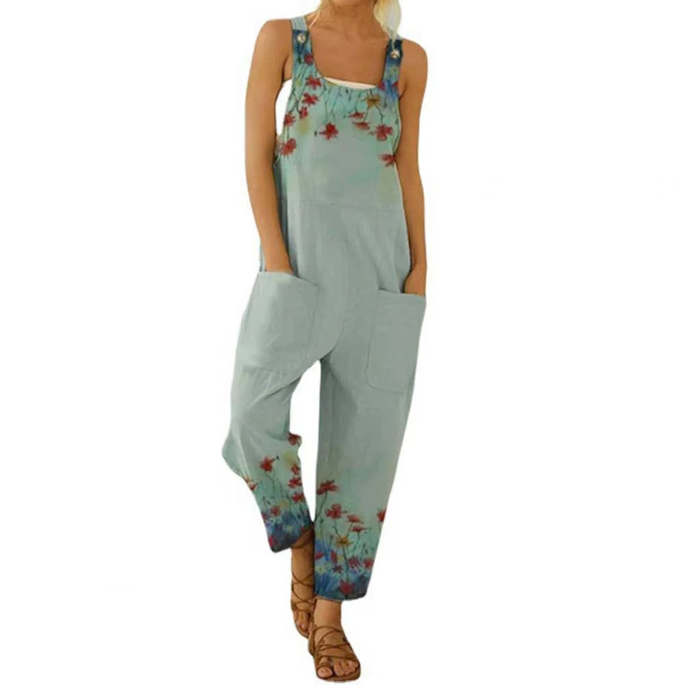 Casual Women Strap Loose Jumpsuit Flower Printed Summer Wide Leg Pants Overalls Sleeveless Oversized Cotton Linen Jumpsuits