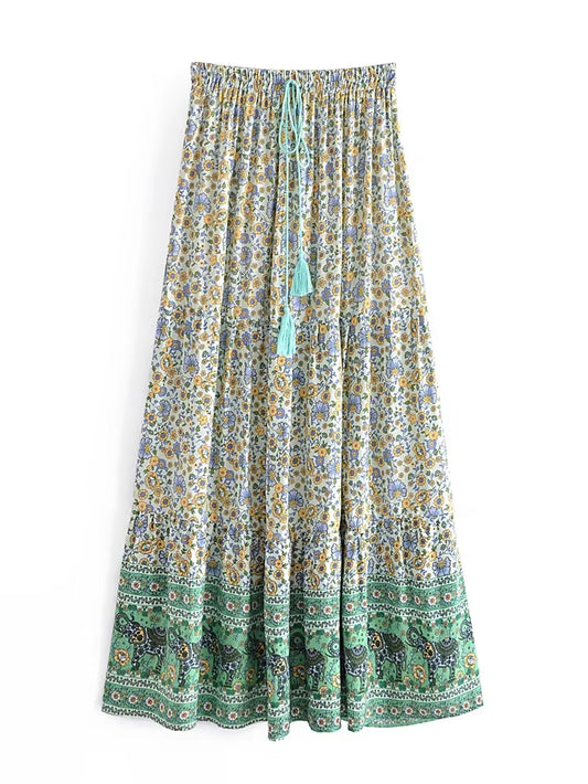 Vintage Chic Fashion Hippie Women Beach Bohemian Green Floral Print Pleasted Skirt Elastic Waist A-Line Boho Maxi Skirts Femme