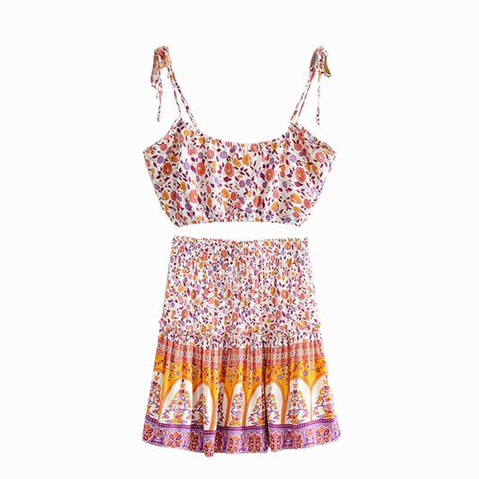 Vintage Chic Women Pink Floral Two Piece Suits Sleeveless Sexy Tops Bohemian Mini Skirt 2 Pieces Outfits Boho Sets Beachwear