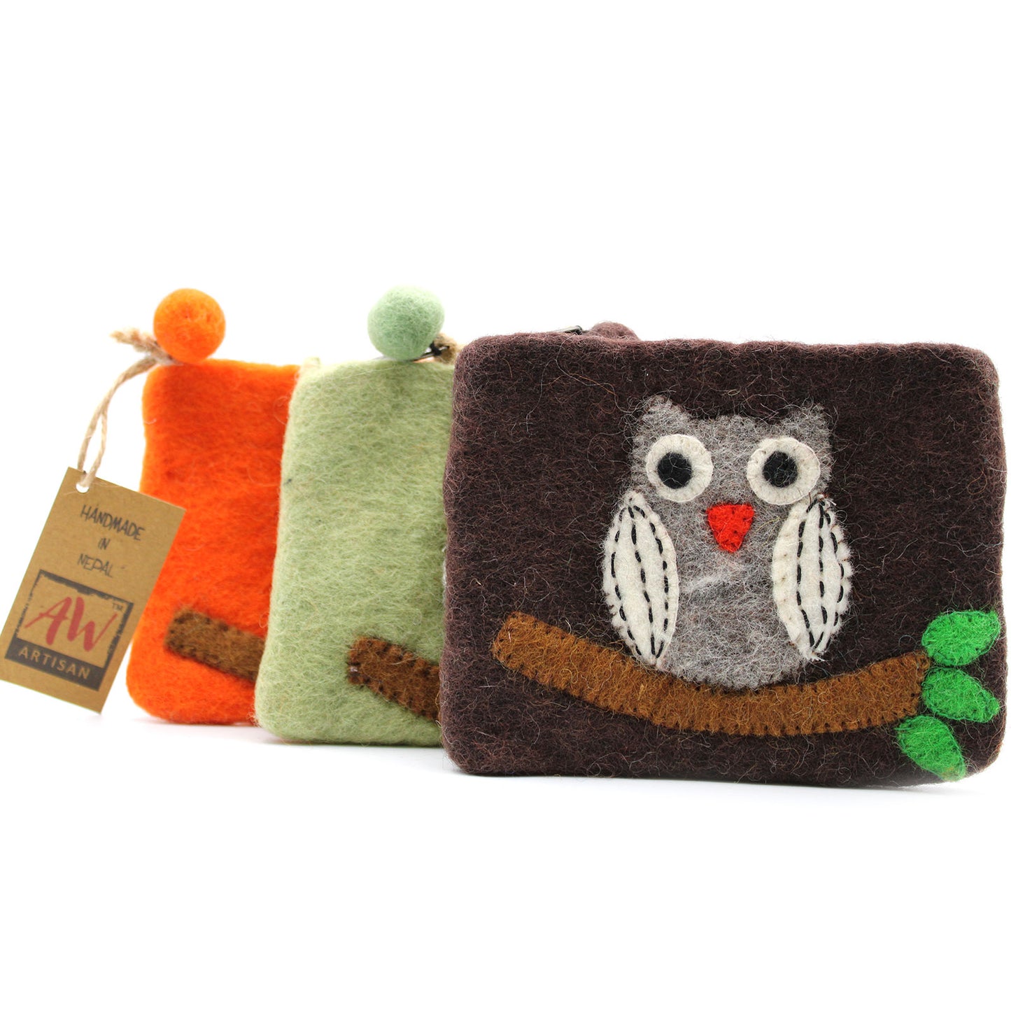 Natural Felt Zipper Pouch (asst) - Owl on Branch