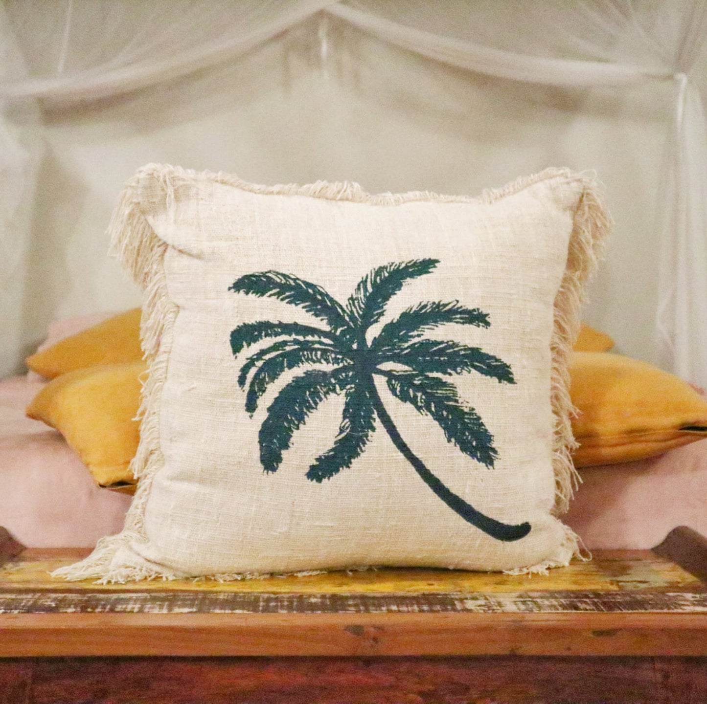 Linen Cushion 60x60cm Palm Tree  with Fringe