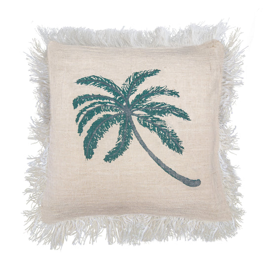 Linen Cushion 60x60cm Palm Tree  with Fringe