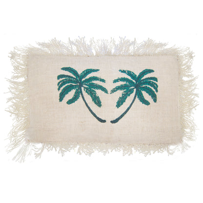 Linen Cushion 30x50cm Palm Tree with Fringe