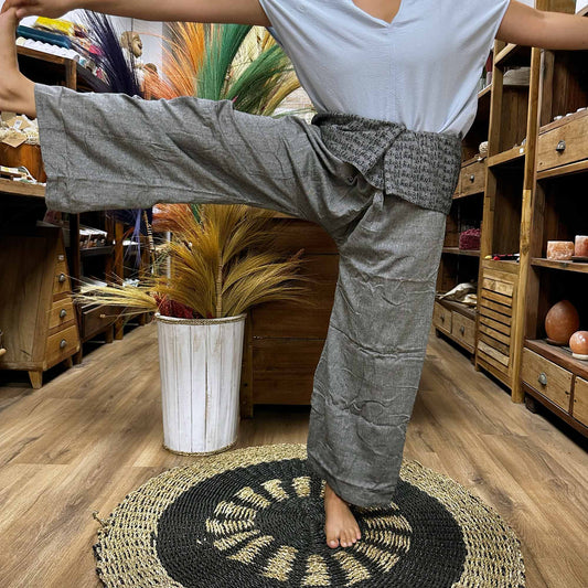 Yoga and Festival Pants - Thai Fisherman Mandala Mantra on Grey