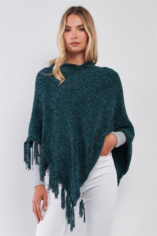 Wrap Yourself in Cozy Boho Charm: The Green Chenille Knit Tassel Fringe Hooded Poncho