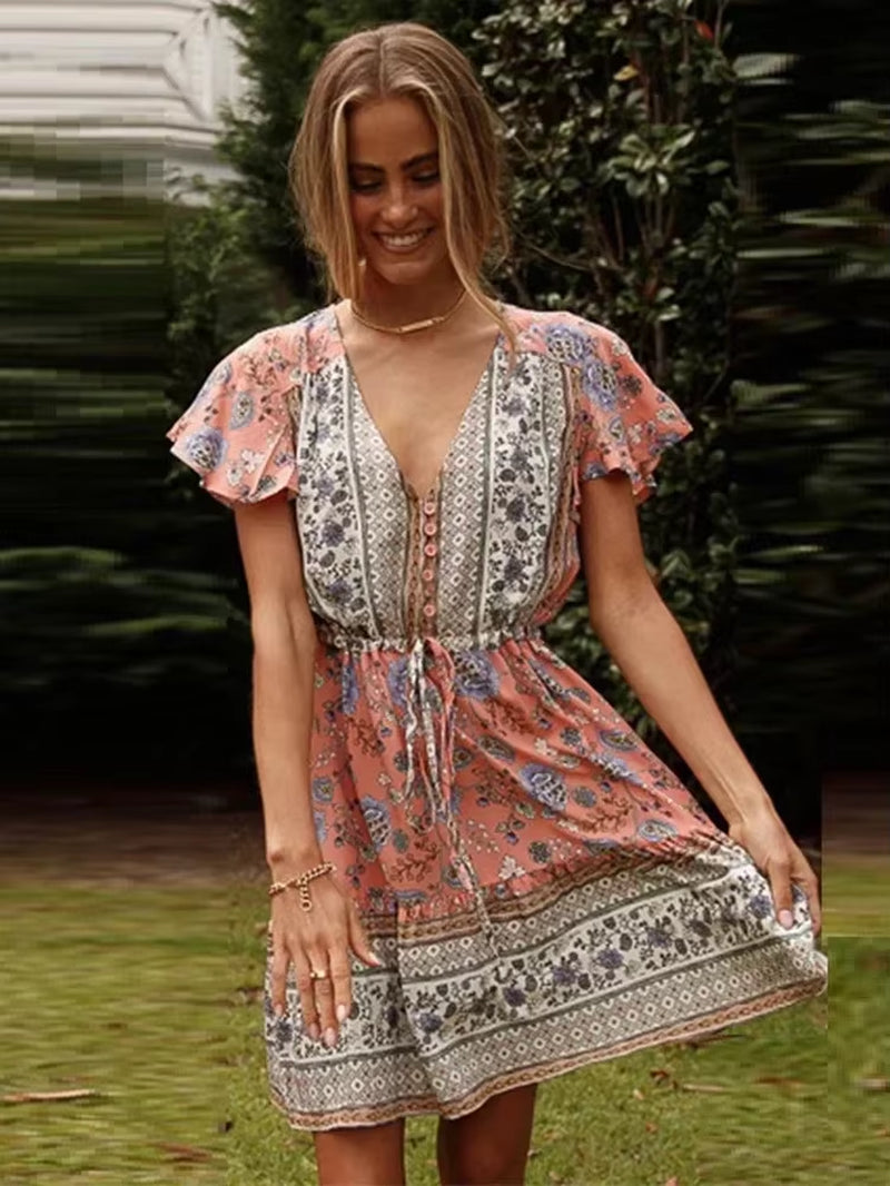 Vintage Chic Women Floral Print Deep V-Neck Summer Bohemian Mini Dresses Robe Lady Short Sleeve Beach Boho Dress Vestidos