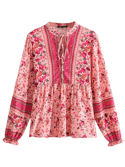 Hippie Vintage Chic Boho Shirt Women Floral Printed Sexy Tie Neck Blouse Shirts Flare Sleeve Female Elegant Bohemian Blusas Tops