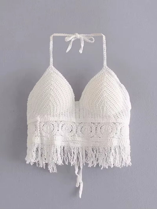 Vintage Chic Fashion Women Hollow Out Sleeveless Beach Bohemian Crop Tops Tassel Knitted Sexy Boho Camis Vest