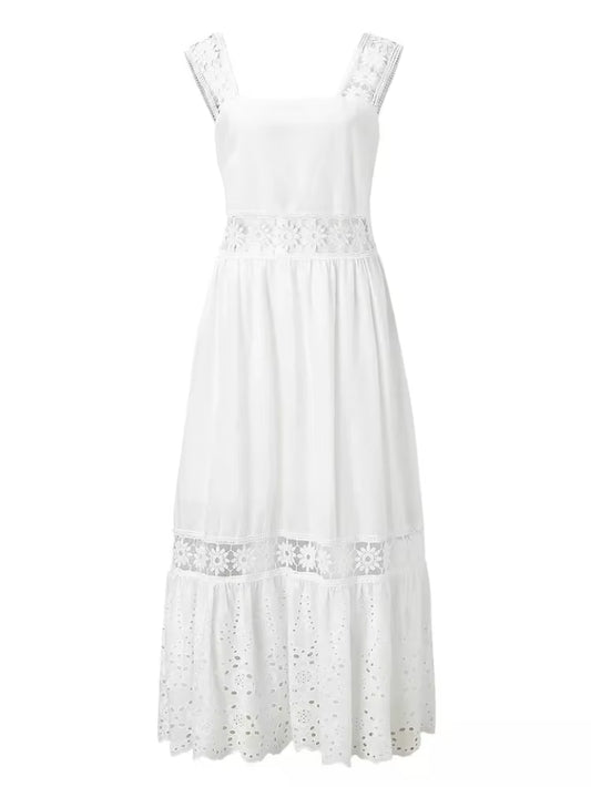 Backless Lace Cotton Women, Fashion Sleeveless Bohemian White Dress Ladies Sexy Hollow Out Boho Maxi Sundress Robe