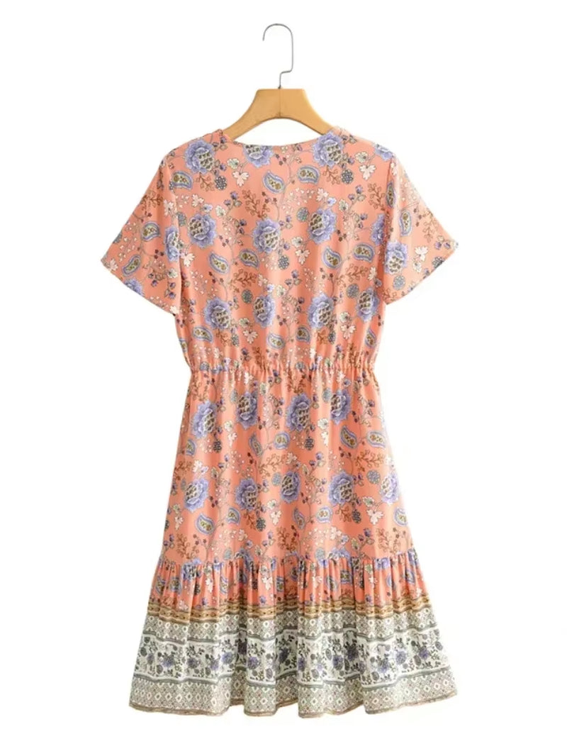 Vintage Chic Women Floral Print Deep V-Neck Summer Bohemian Mini Dresses Robe Lady Short Sleeve Beach Boho Dress Vestidos