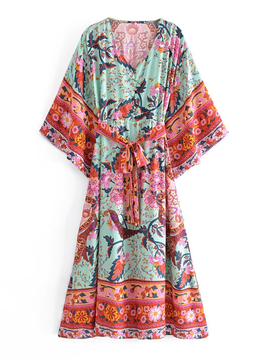 Vintage Chic Women Red Floral Print Bat Sleeve Beach Bohemian Dresses Kimono Ladies V Neck Sashes Boho Maxi Dress Vestidos