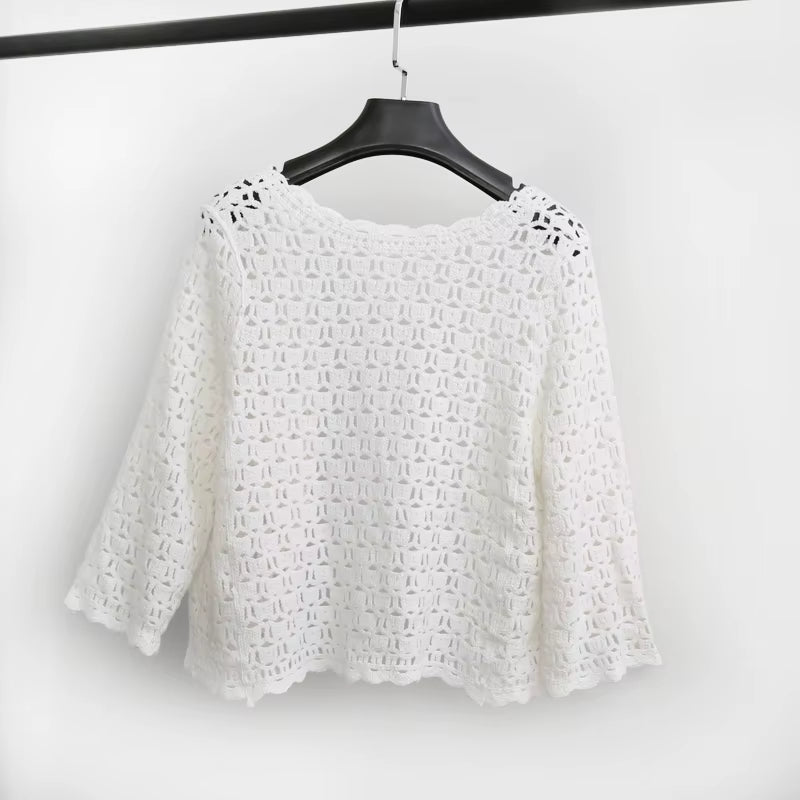 Vintage Chic Fashion Women Knitted Cotton Deep V-Neck Blouses Cove-Ups Loose Crop Top Long Sleeve Boho Short Kimono