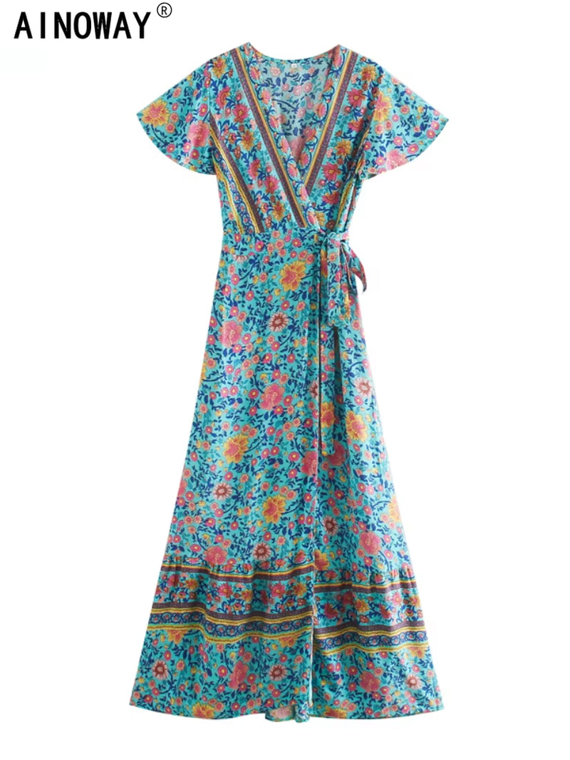 Vintage Chic Women Floral Print Bat Sleeve Beach Bohemian Maxi Dress Ladies Cross V Neck Sashes Rayon Cotton Boho Dresses