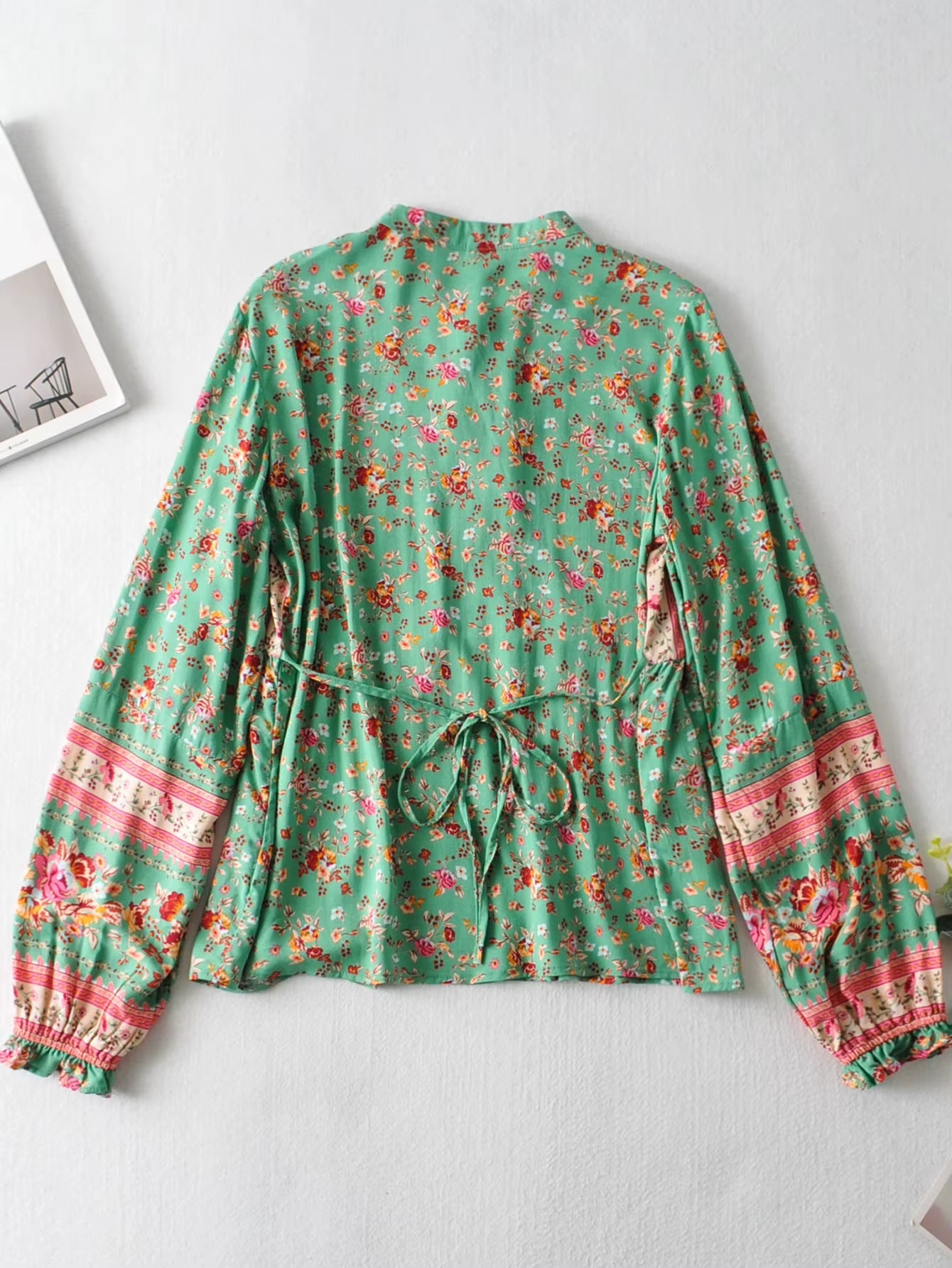 Hippie Vintage Chic Boho Shirt Women Floral Printed Sexy Tie Neck Blouse Shirts Flare Sleeve Female Elegant Bohemian Blusas Tops