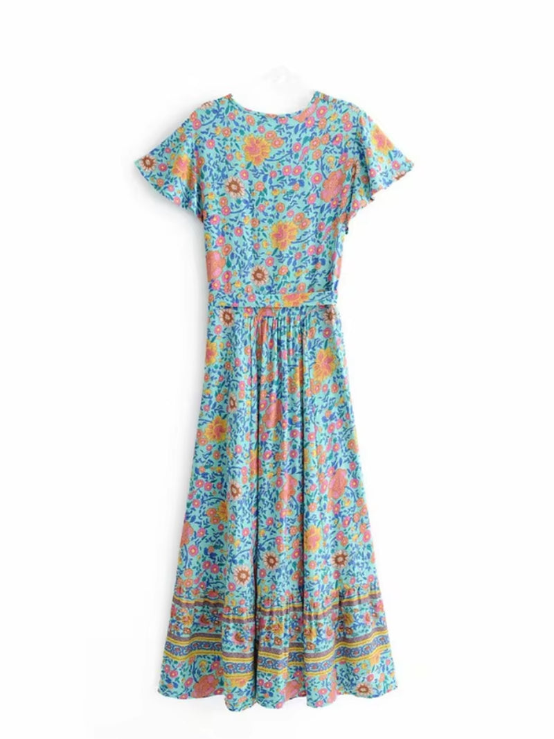 Vintage Chic Women Floral Print Bat Sleeve Beach Bohemian Maxi Dress Ladies Cross V Neck Sashes Rayon Cotton Boho Dresses