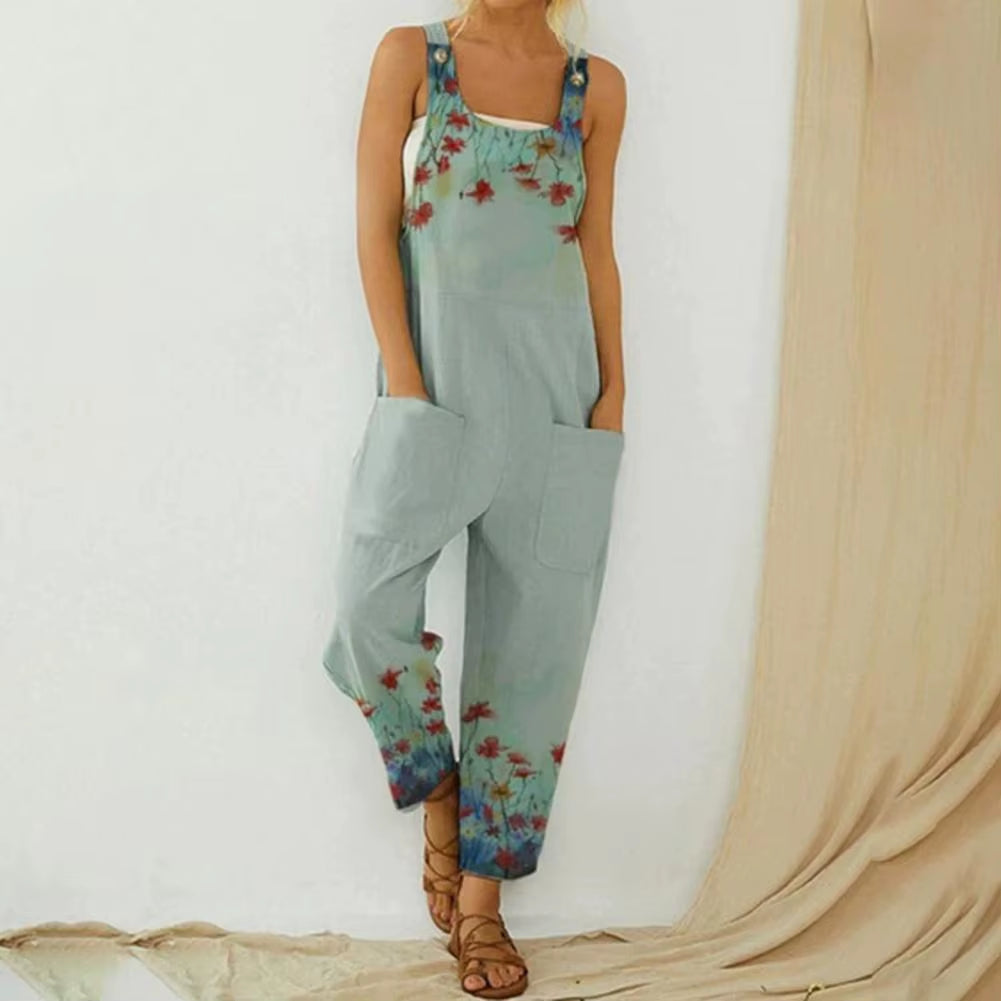 Casual Women Strap Loose Jumpsuit Flower Printed Summer Wide Leg Pants Overalls Sleeveless Oversized Cotton Linen Jumpsuits