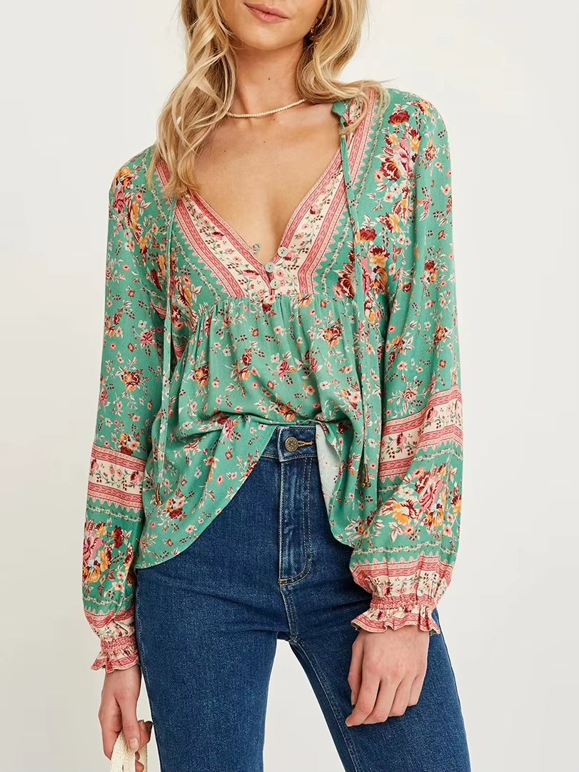 Hippie Vintage Chic Boho Shirt Women Floral Printed Sexy Tie Neck Blouse Shirts Flare Sleeve Female Elegant Bohemian Blusas Tops