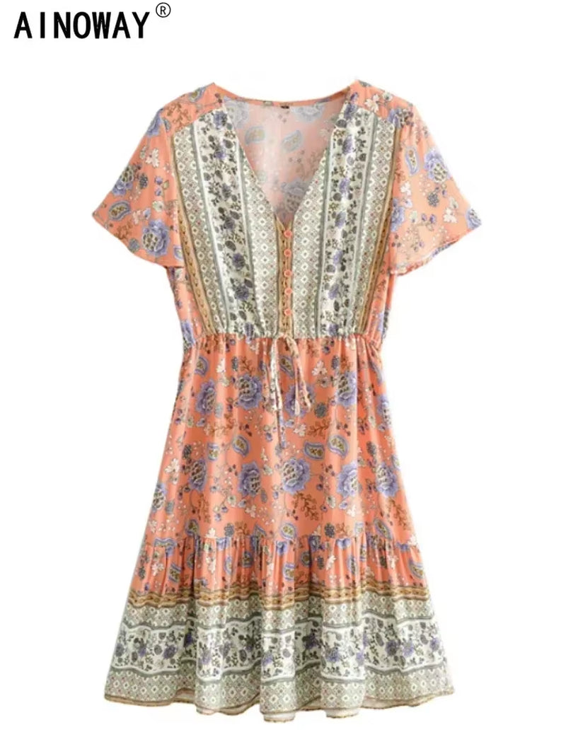 Vintage Chic Women Floral Print Deep V-Neck Summer Bohemian Mini Dresses Robe Lady Short Sleeve Beach Boho Dress Vestidos