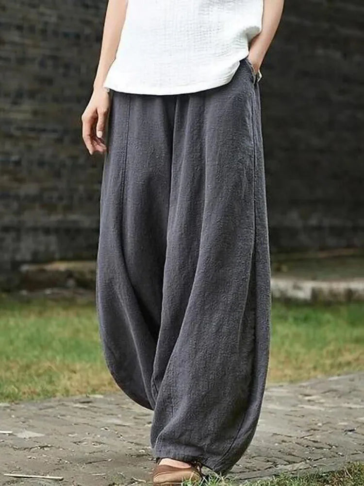 Cotton Mix Wide Leg Women Full Length Trousers