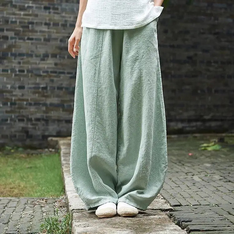 Cotton Mix Wide Leg Women Full Length Trousers