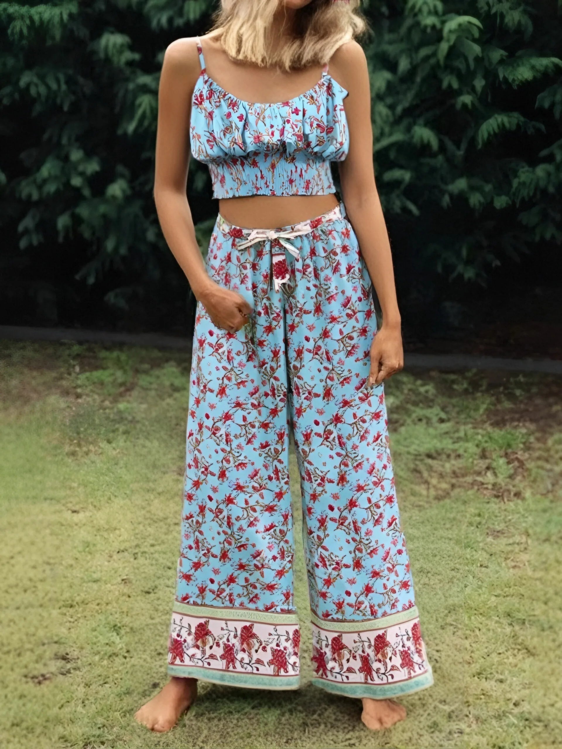 Vintage Chic Women Floral Print Two Piece Suits Strapless Tops Bohemian Loose Pants 2 Pieces Outfits Rayon Boho Sets Beachwear