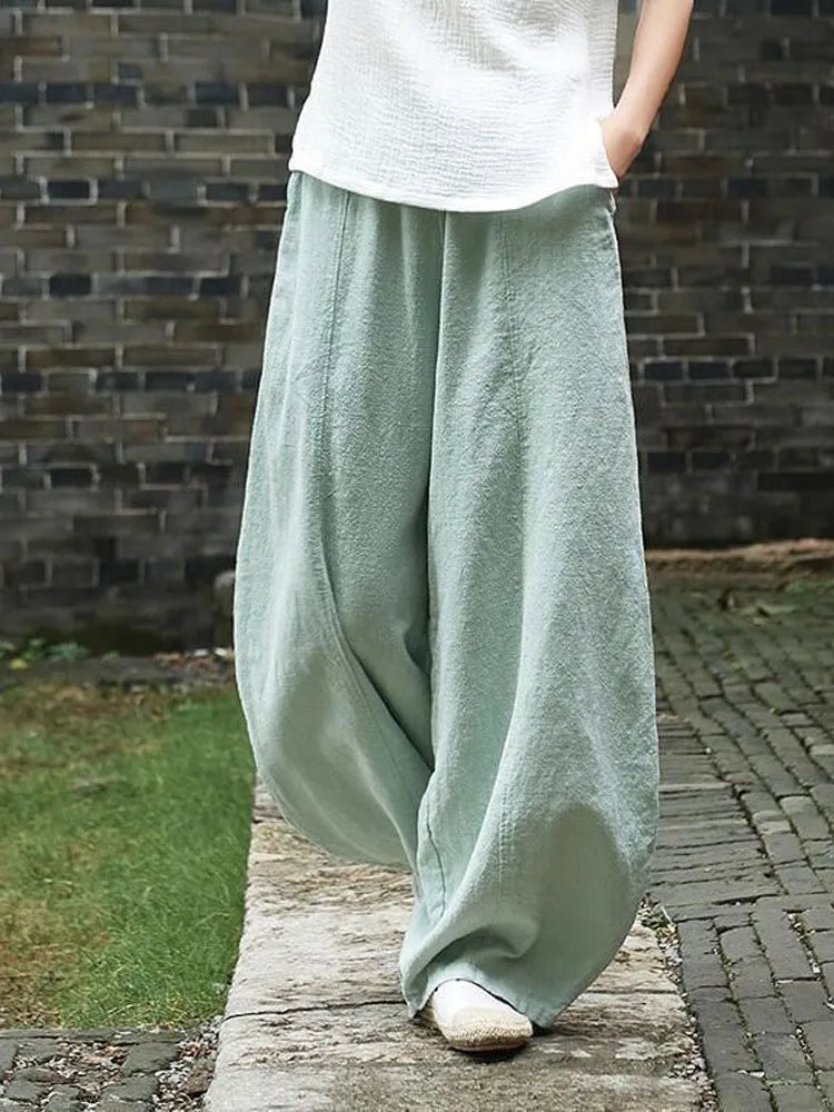 Cotton Mix Wide Leg Women Full Length Trousers