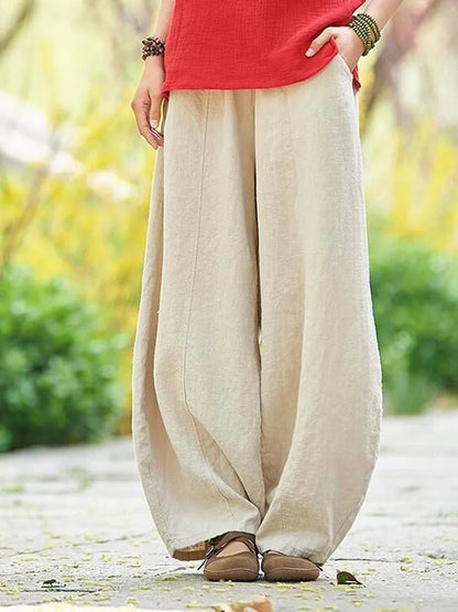 Cotton Mix Wide Leg Women Full Length Trousers