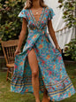 Vintage Chic Women Floral Print Bat Sleeve Beach Bohemian Maxi Dress Ladies Cross V Neck Sashes Rayon Cotton Boho Dresses