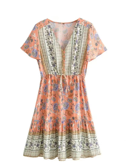 Vintage Chic Women Floral Print Deep V-Neck Summer Bohemian Mini Dresses Robe Lady Short Sleeve Beach Boho Dress Vestidos