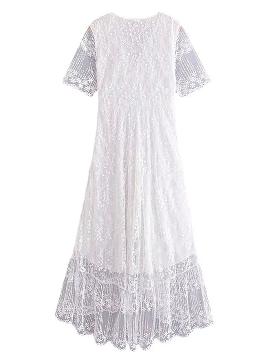 Vintage Chic Women White Embroidery Lace Short Sleeve Beach Slim Bohemian Maxi Dress Robe Ladies V-Neck Boho Dresses Vestidos