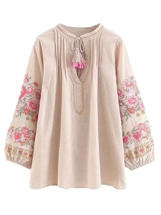 Spring Fashion Women Tassel Floral Embroidery Linen Cotton Beach Bohemian Blouse Shirts Tops Long Sleeve Loose Boho Blusas