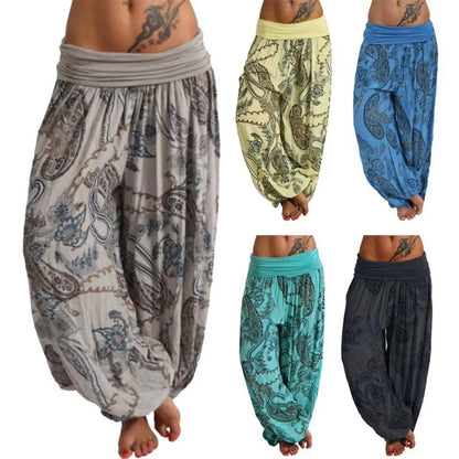 Fashion Women Boho Paisley Print Ankle Tied Baggy Loose Pants Long Bloomers Trousers Female Harem Pants