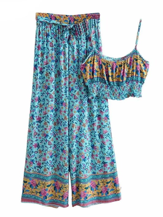 Vintage Chic Women Two Piece Blue Floral Outfits Strap Sleeveless Tops Bohemian Sashes Wide Leg Pants Rayon 2 Pieces Boho Sets