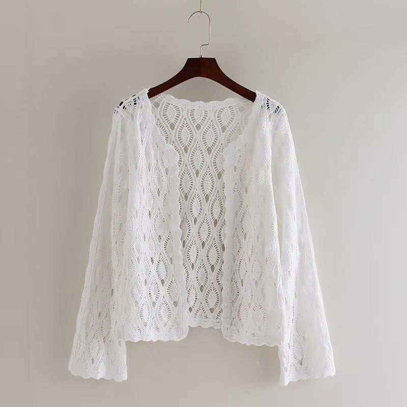 Vintage Chic Fashion Women Knitted Cotton Deep V-Neck Blouses Cove-Ups Loose Crop Top Long Sleeve Boho Short Kimono