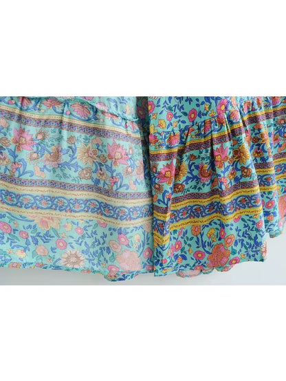 Vintage Chic Women Floral Print Bat Sleeve Beach Bohemian Maxi Dress Ladies Cross V Neck Sashes Rayon Cotton Boho Dresses